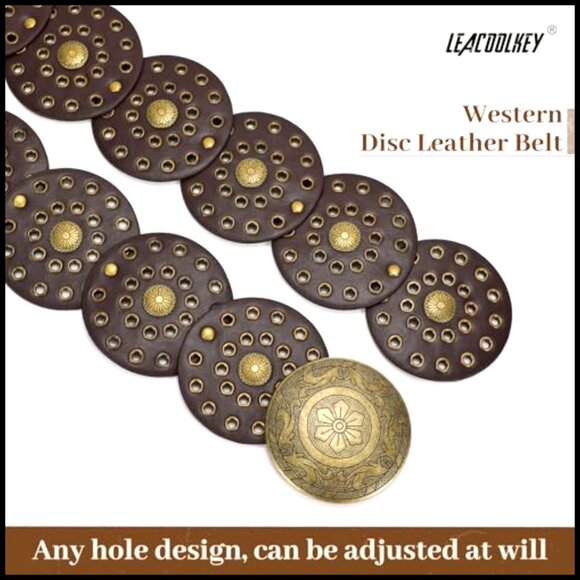 Wide Western Leather Belt Boho Disc Concho Vintage Style Adjustable Waist main image 4